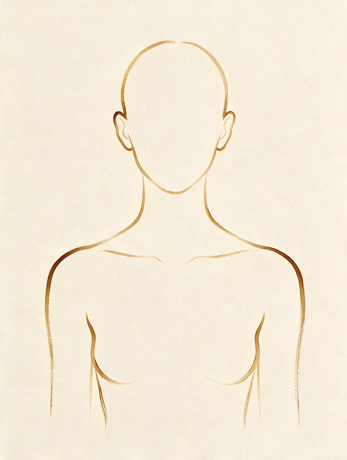 ภาพลายเส้นร่างกายส่วนบน ระบุตำแหน่งติ่งหู ไหล่ และหน้าอก